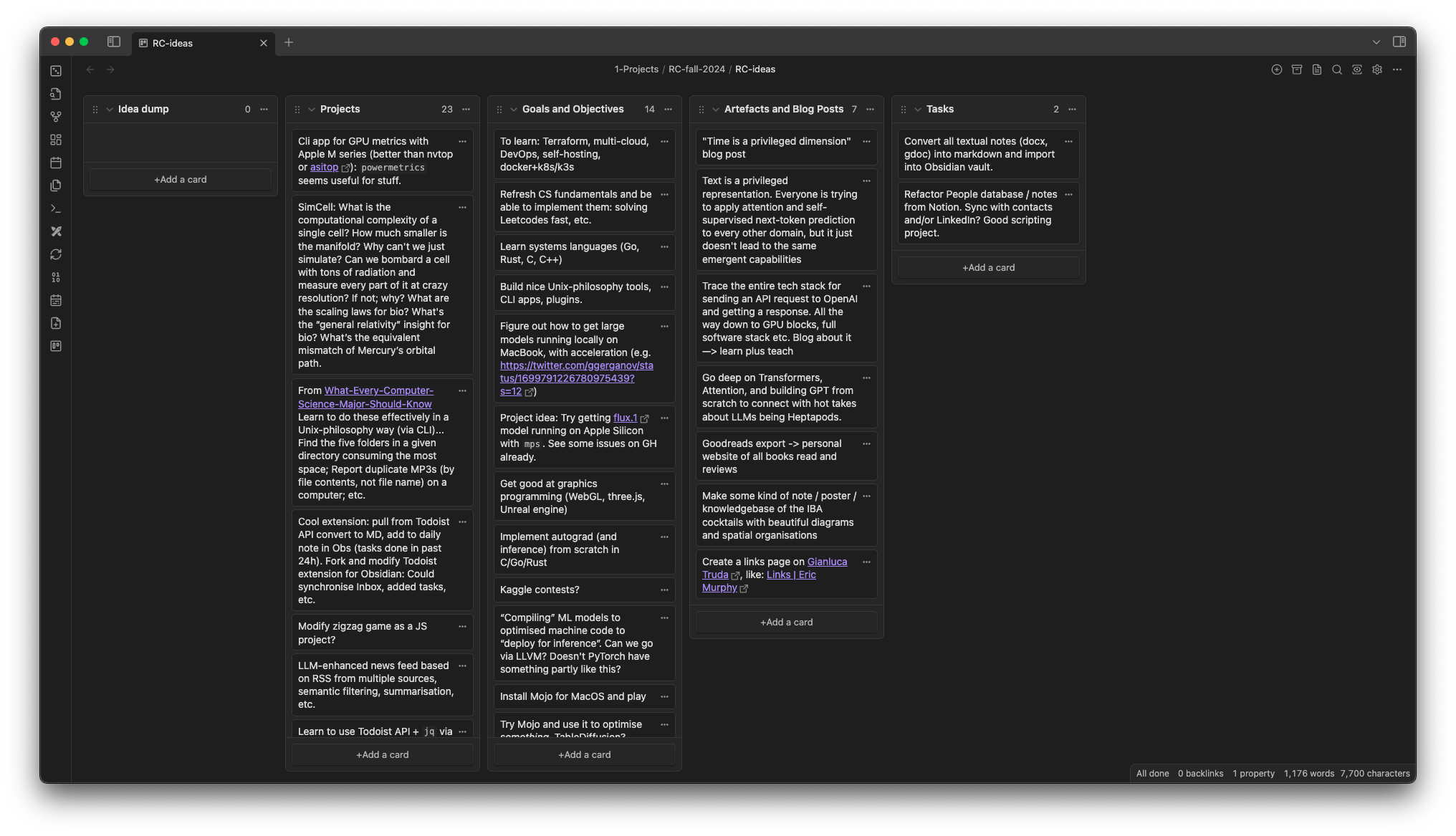 Screenshot of a Kanban board of project ideas and goals in Obsidian