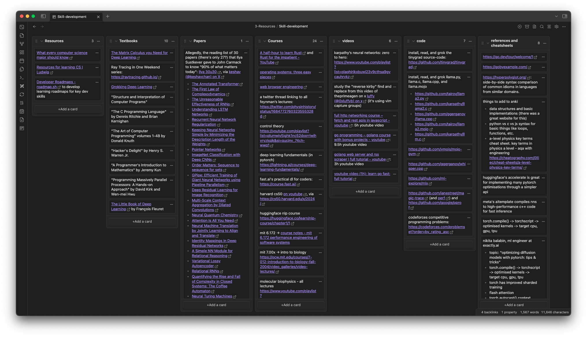 Screenshot of a Kanban board of learning resource links in Obsidian