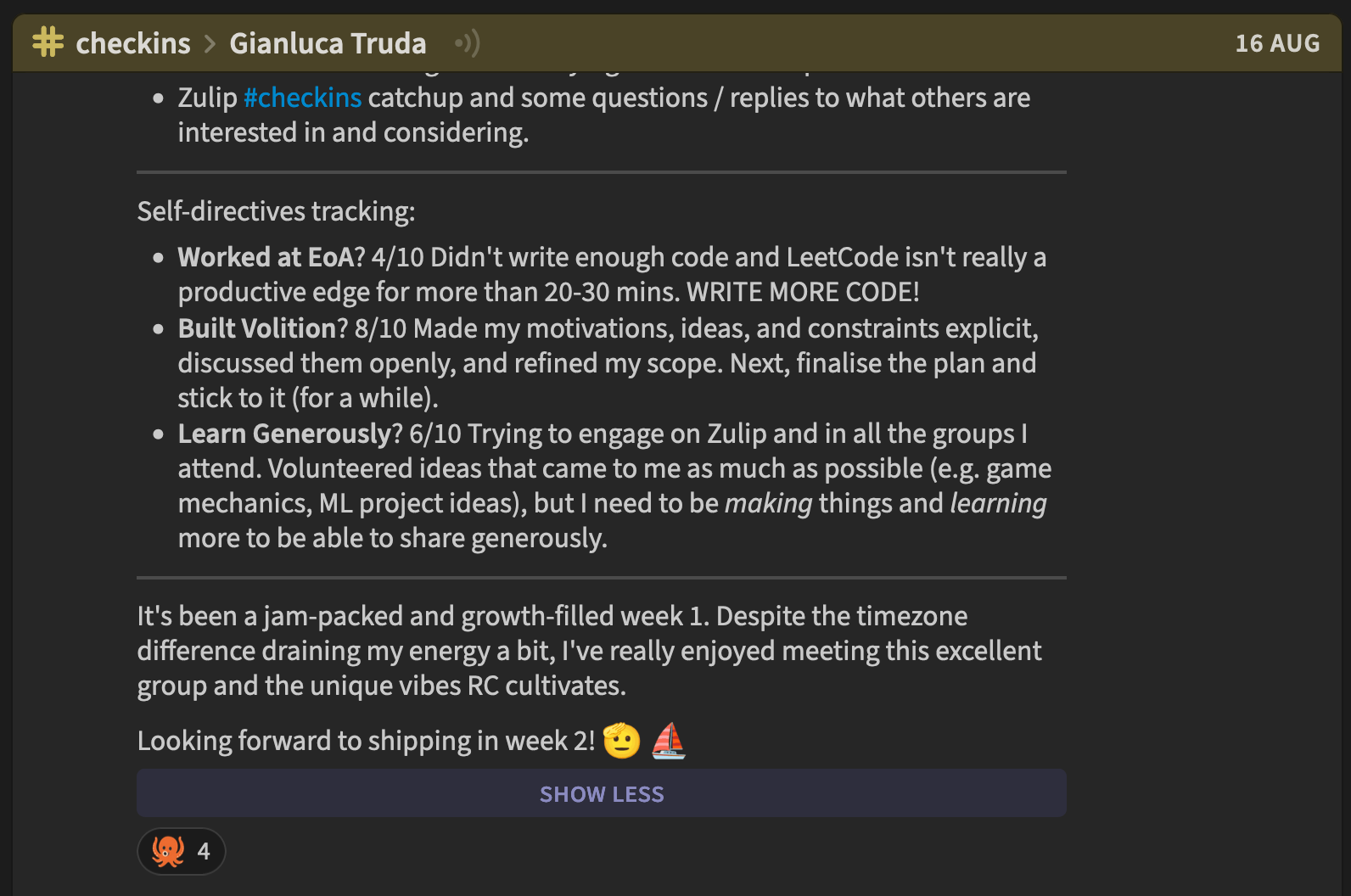 Screenshot of Gianluca tracking self-directives on Zulip