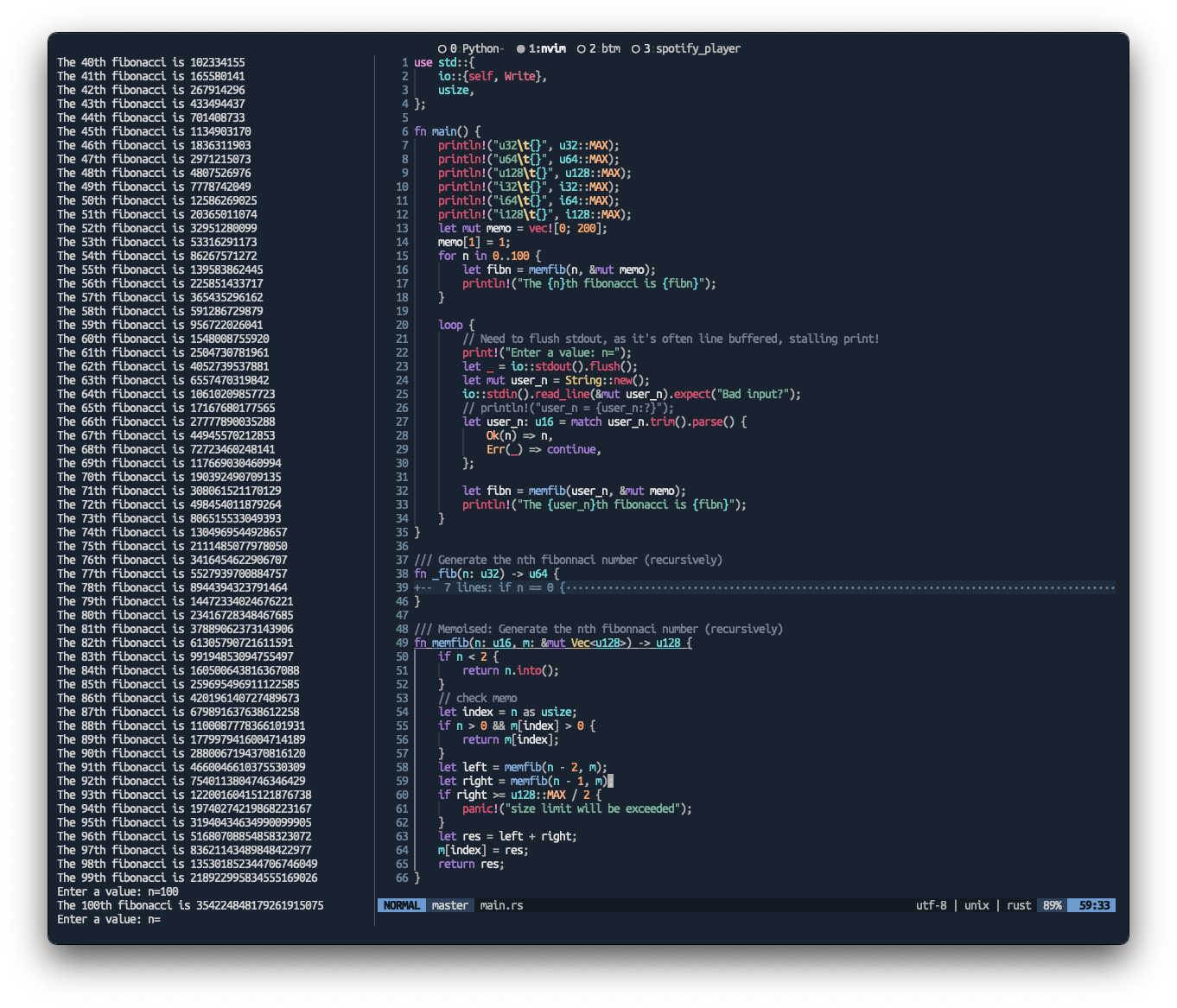 Fibonacci in Rust in NeoVim