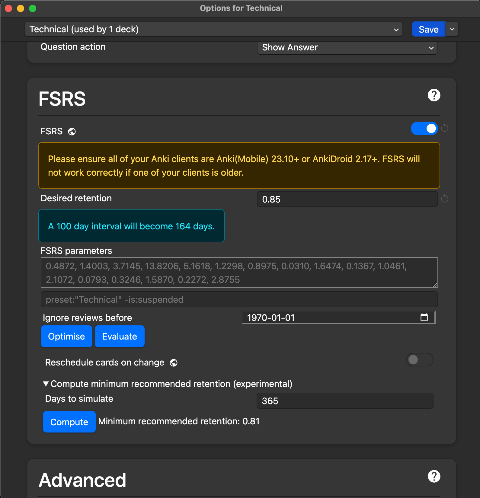 Anki algorithm settings menu