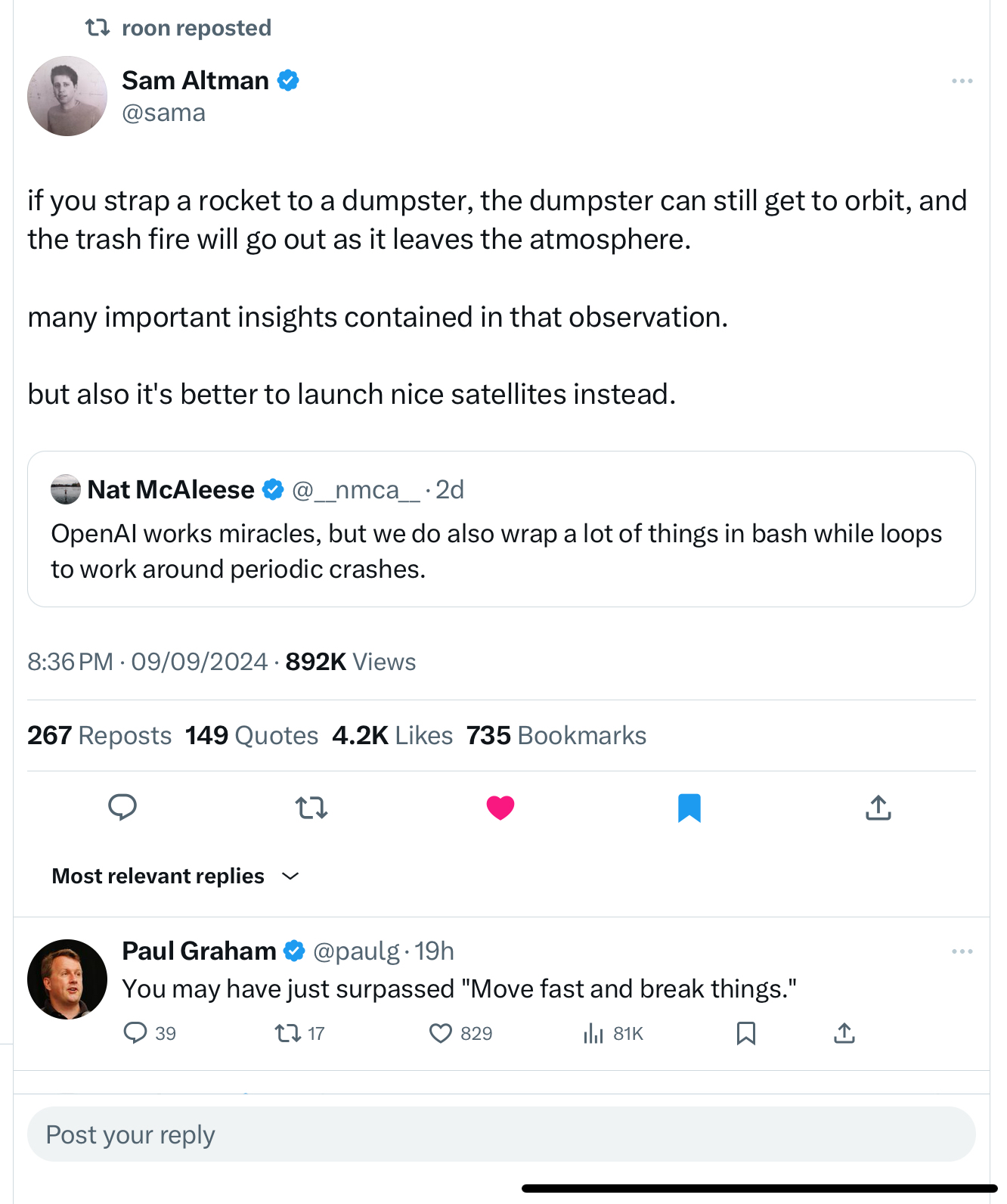 screenshot of Sam Altman&rsquo;s tweets comparing OpenAI engineering to a rocket on a dumpster fire